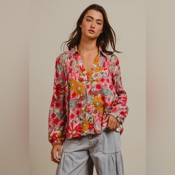 Umgee Tops - BiBi Woven Floral Printed Shirt Top